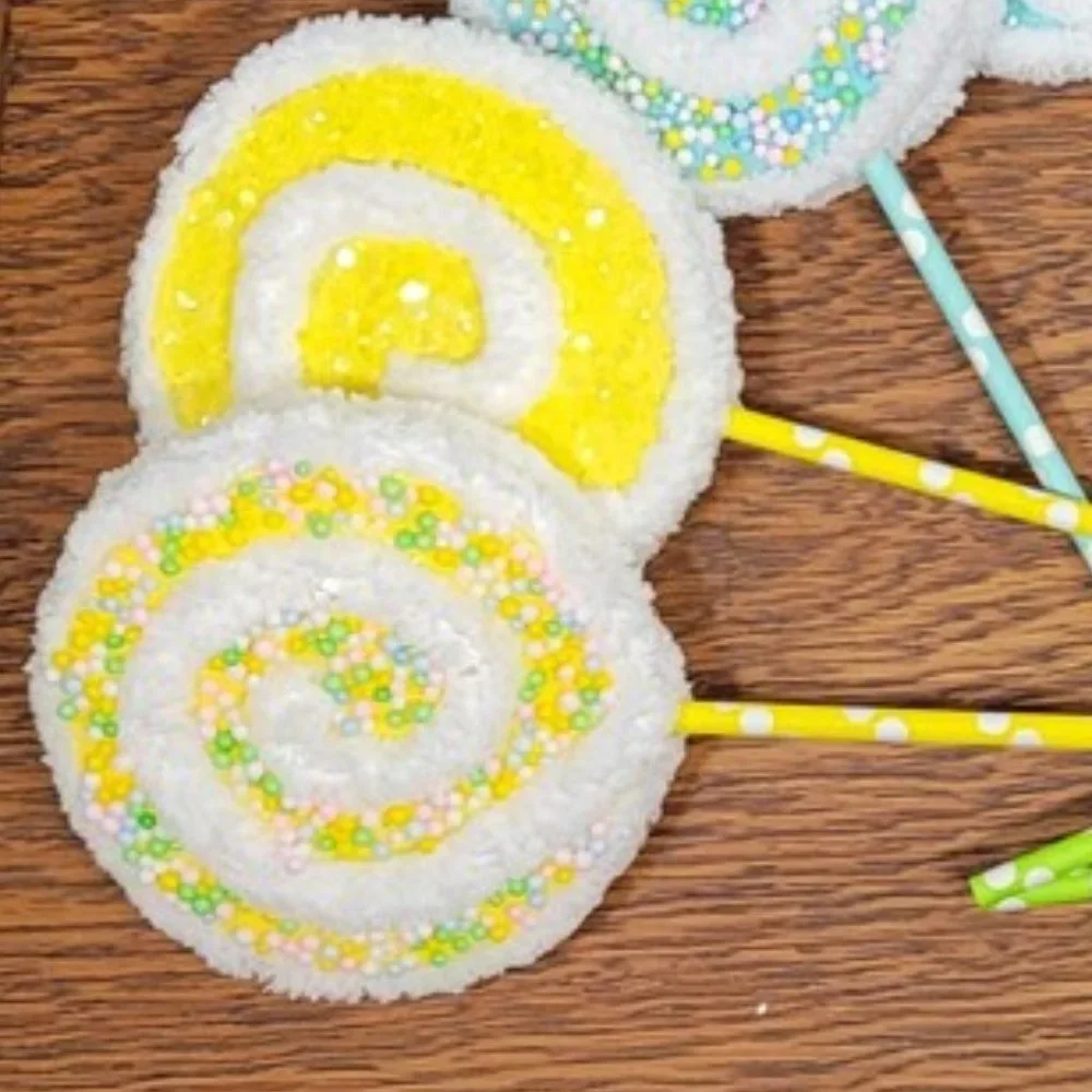 Bundle of 3 Yellow - Yarn Lollipops‎ w/ Glitter/Mini Styrofoam Balls in Pastels